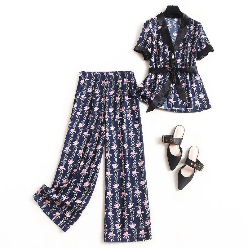 

New Fashion High Quality Summer Party Workplace Sexy Print Chiffon Shirt Top Long Pant Vintage Elegant Chic Women'S Sets