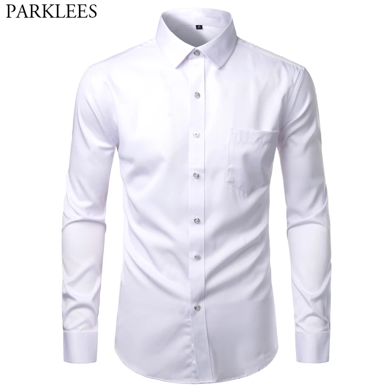 Mens White Bamboo Fiber Dress Shirts Slim Fit Wrinkle Free Casual Shirt Chemise Non Iron Easy Care Elastic Wedding Working Shirt