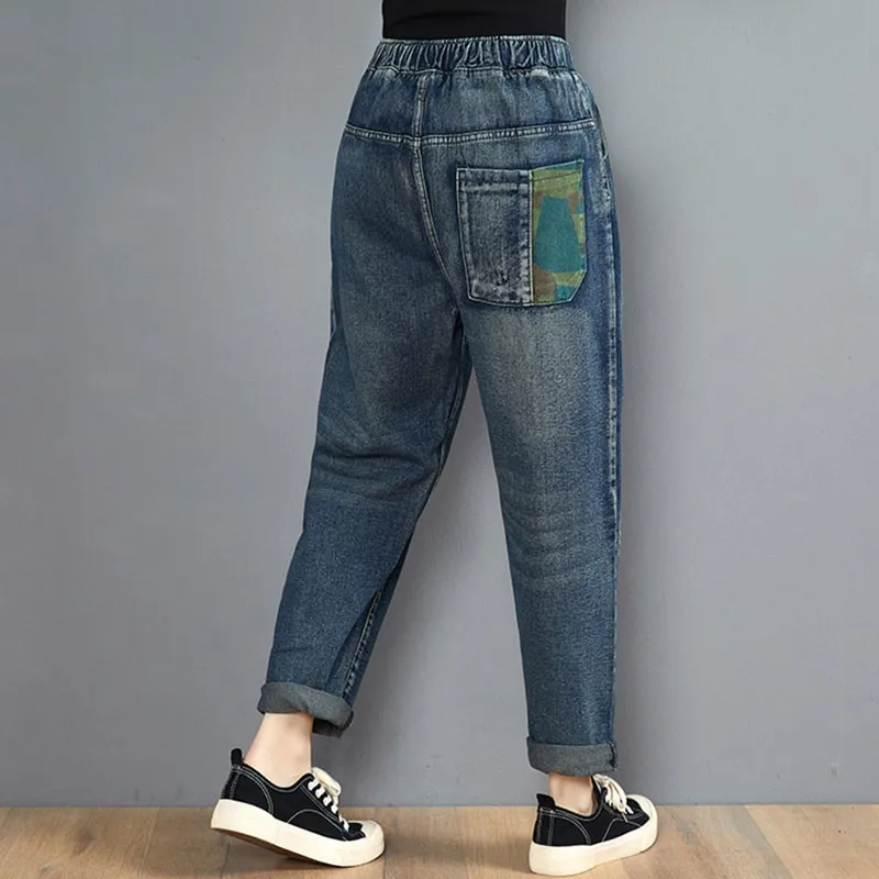 

Women Loose Casual Jeans New Arrival 2021 Spring Simple Style Vintage Floral Embroidery Female High Waist Denim Pants S3289