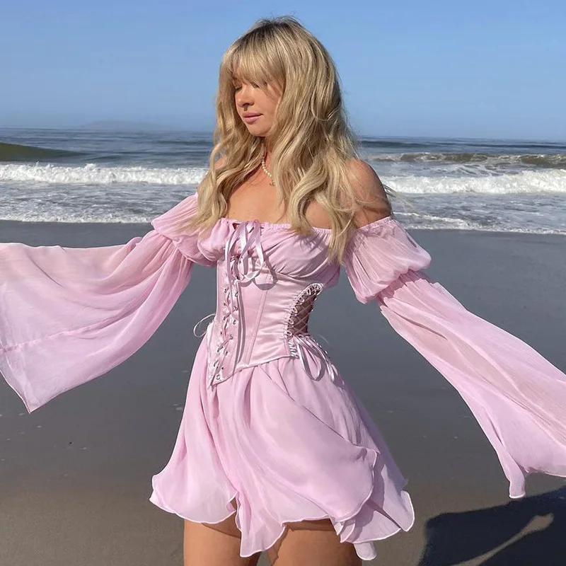 

Sexy Chiffon Slash Neck Mini Dress Women Summer Beach Vacation Long Sleeve Corset Bandage Sundress Party Casual Dresses Pink