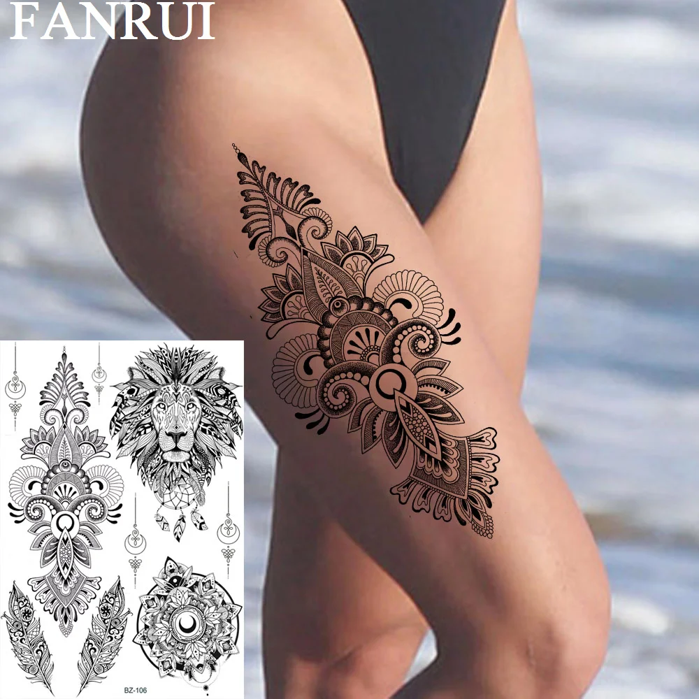 

FANRUI Black Henna Mandala Flower Temporary Tattoos Sticker Lion Tribal Fake Tatoos Art Custom Waist Tattoo Fo Women Totem