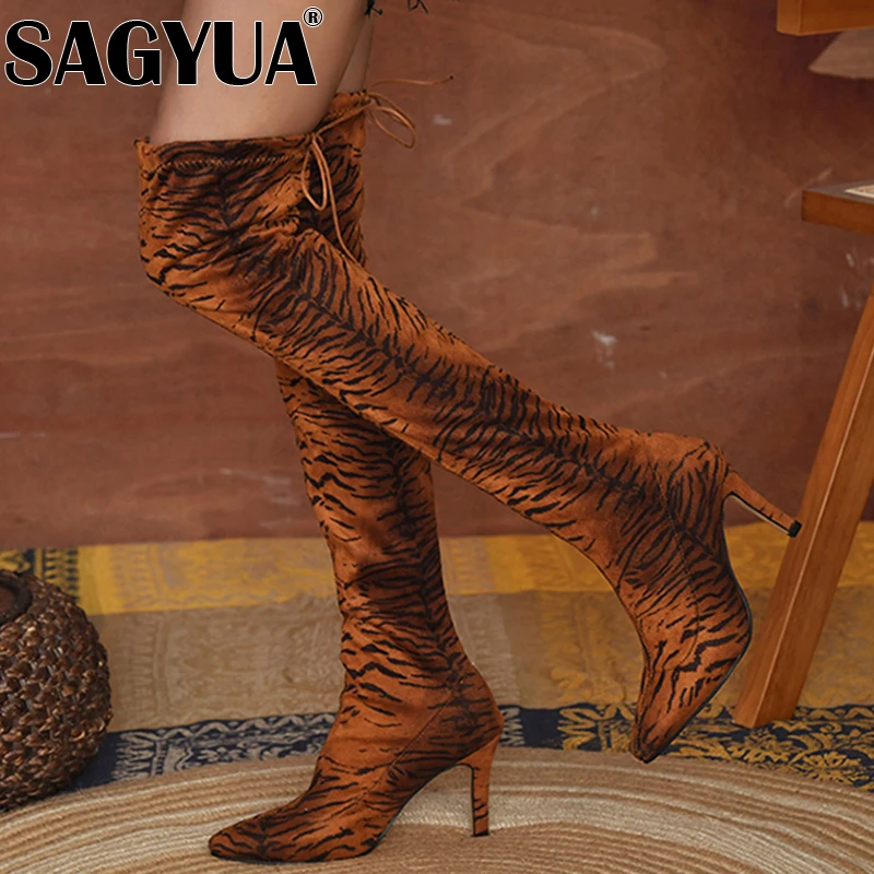 

High Heels Chelsea Boots Over The Knee Winter Women Shoes 2022 Plush Suede Leopard Warm Pumps Sexy Designer Party Female Shoes