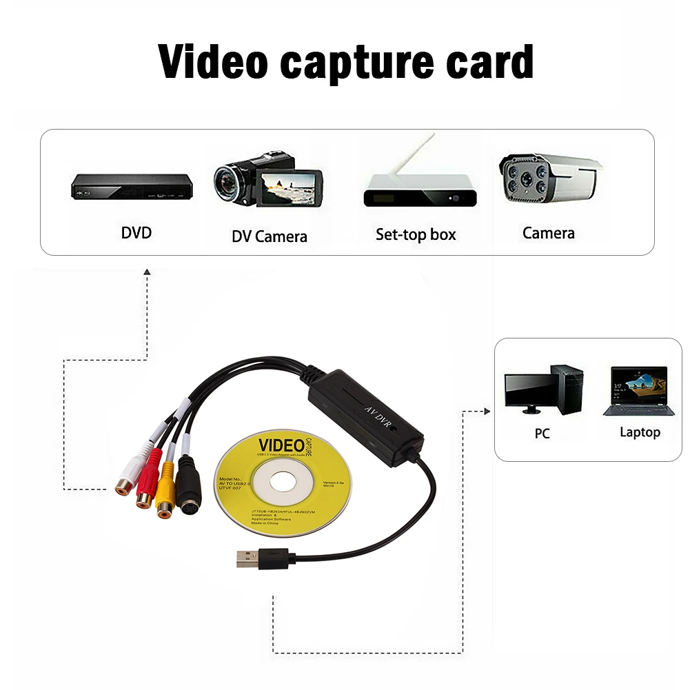 Video Tuner Box Grabber Compatible USB 2.0 Video Capture Card Portable RCA Converter Adapter for DV/Hi8/VHS TV DVD