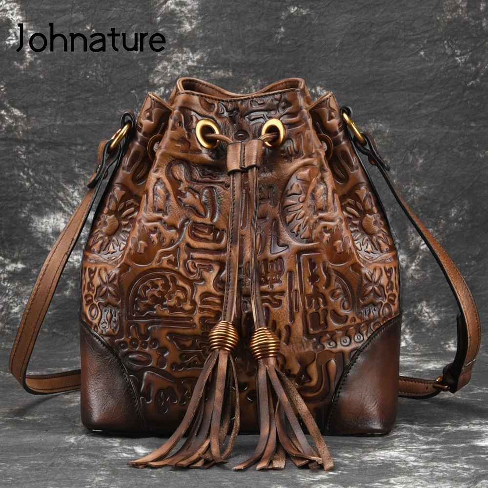 Женская винтажная сумка из натуральной кожи Johnature мягкие тисненые сумки через