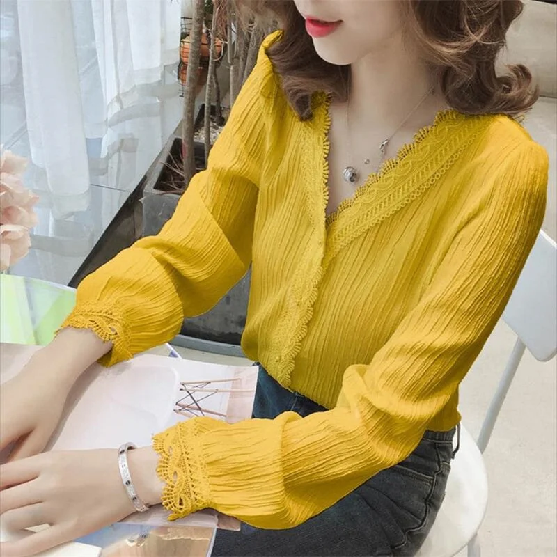 Каймой пуловер шифоновая рубашка для женщин с длинным рукавом и v-образным