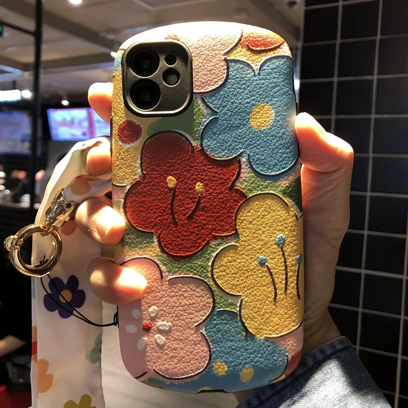 

For iPhone 12 pro Mobile Phone Case Cute Flowers Light Luxury Style ip11 Leather Texture Soft Silicone Antifall Protective Cover