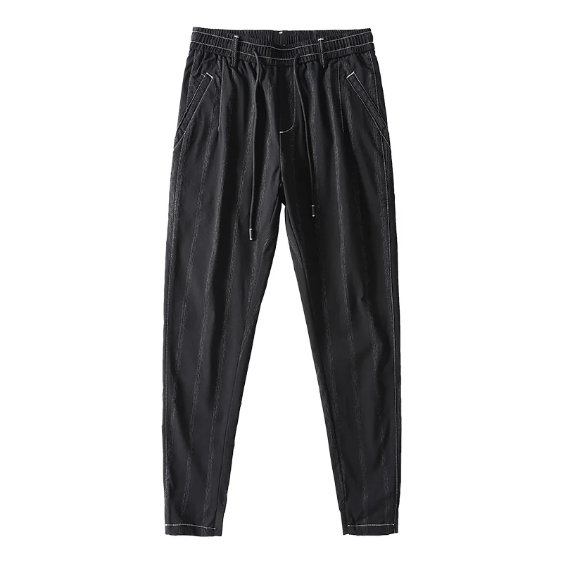 

Men Casual Pants Fashion Stripe Black Slim Fit Stretch Drawstring Elastic Waist Trousers