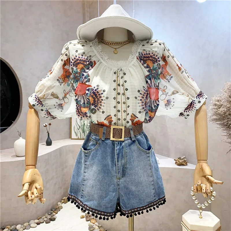 

Niche Design New Women Clothing Summer 2021 Retro Printed Short Sleeve Shirt Top + High Waist Wide Leg Denim Shorts 2 Piece Set