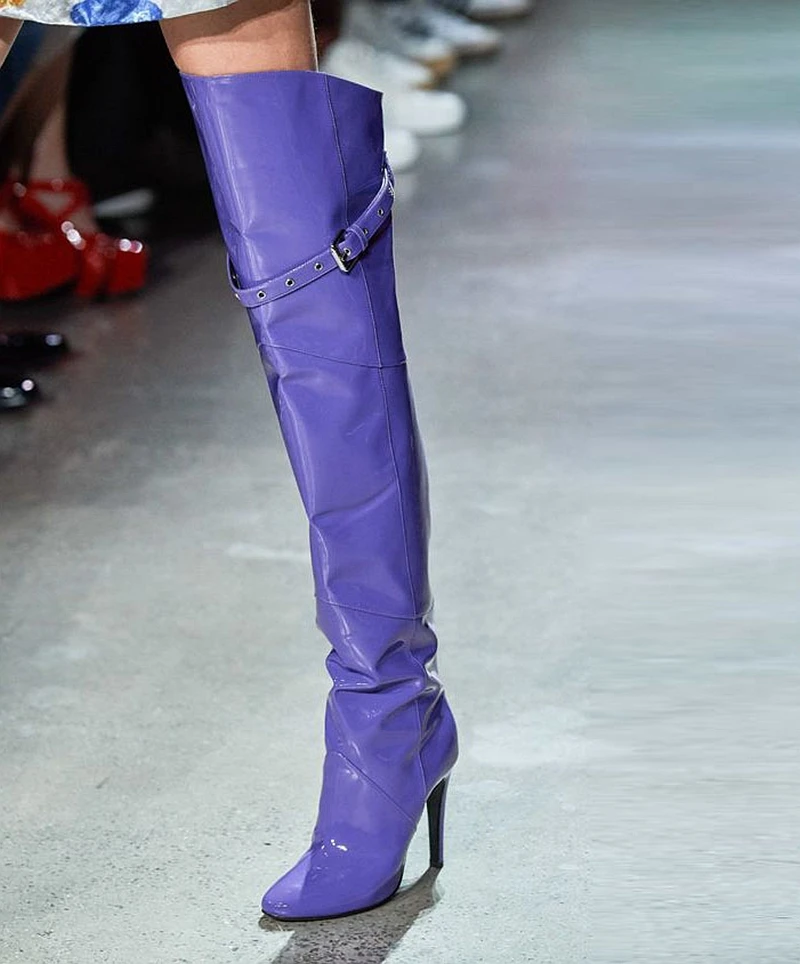 

New Stylish Green Zebra Stripes Over The Knee Boots Women Pointed Stiletto Heels Runway Buckle Strap Thigh Boots Zapatos Mujer