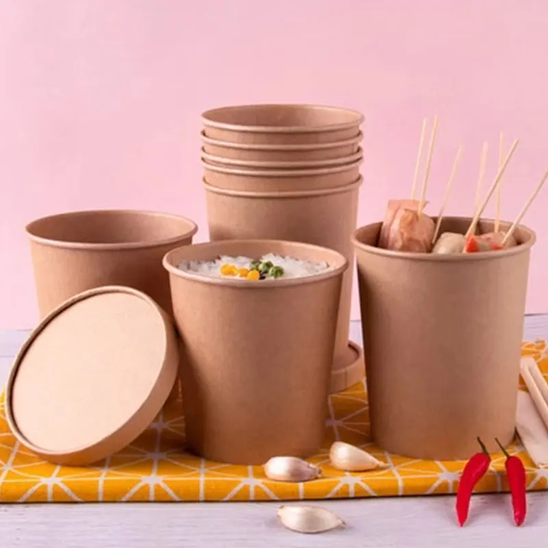 

50pcs/pack Large Capacity Disposable Kraft Paper Bowl Eco Takeaway Food Fruit Package Paper Cup Thick Paper Box