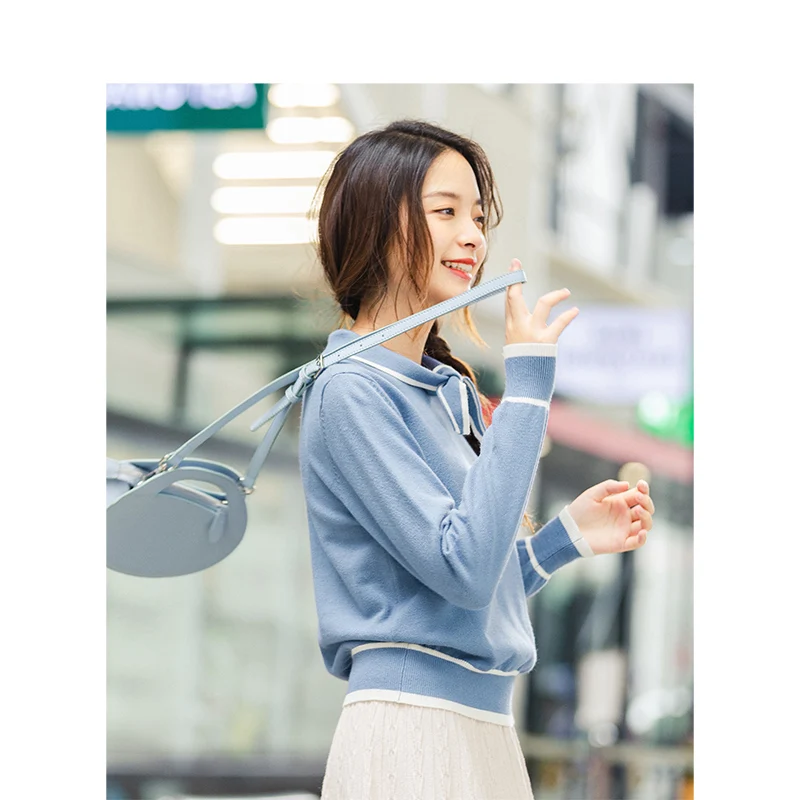 INMAN зима литературный заячьи ушки галстук сине-белые свободные трикотажные Для