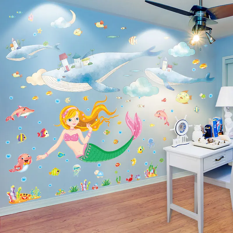 

[shijuekongjian] Mermaid Girl Wall Stickers DIY Whales Fish Wall Decals for Kids Room Baby Bedroom Bathroom Home Decoration