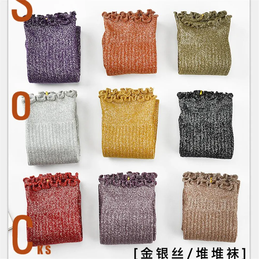 Girls Shining Glitter Ankle Socks 5 Pairs/Lot Warm Women Solid Cotton Wrinkle Cuff Silver Lurex Winter Socks