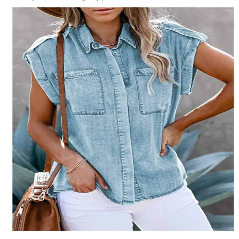 

Рубашка женская джинсовая с воротником-стойкой, блузка на бретельках с карманами, Повседневная сорочка с коротким рукавом, голубая, на лето