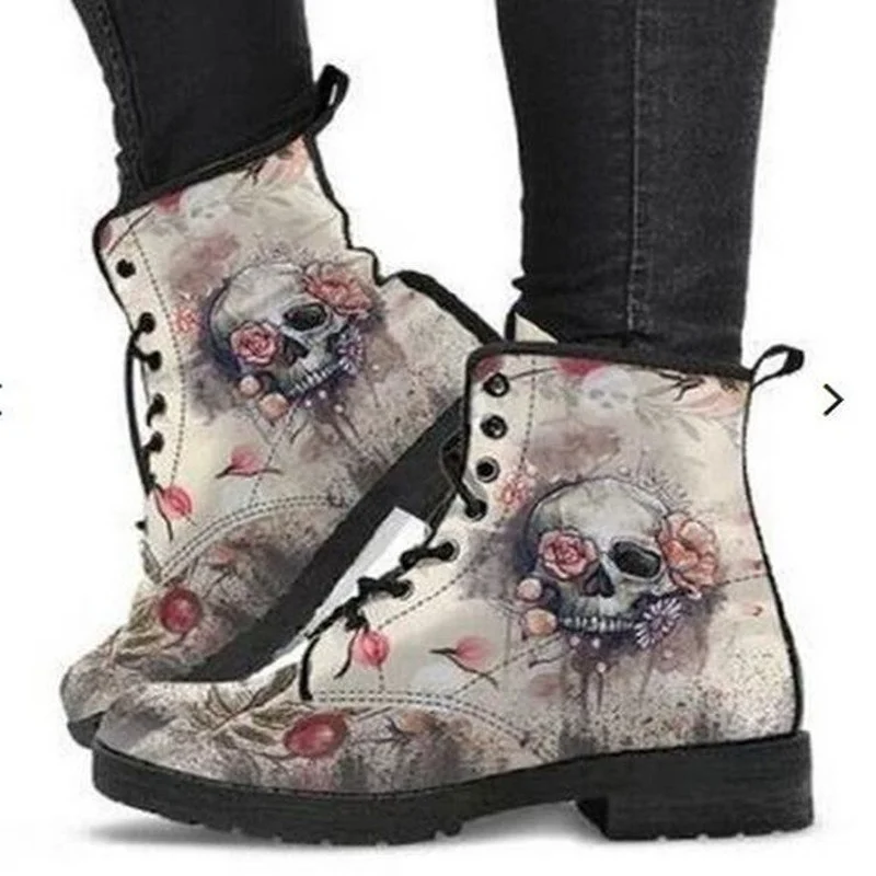 

PU Women's Boots Ankle Spring/Autumn 2021 Fashion Tooling Boots Printing High-top Skull Pattern Plus Size Platform Boots Women