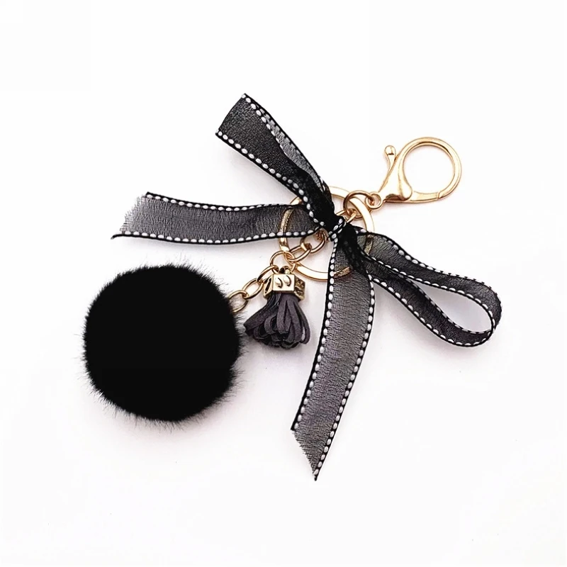

Cute Lace Bow-knot Fur Ball Tassel Keychain Creative Candy Color Soft Fur Car Keychain Women Trinket Bag Key Ring Jewelry Gift