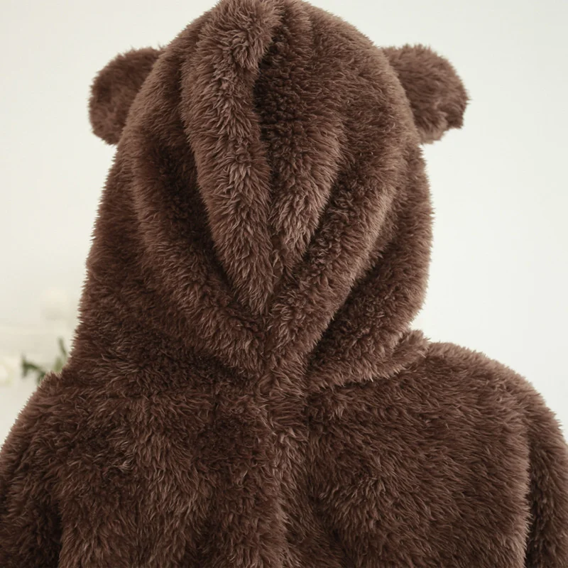 Autumn And Winter Long Sleeve Plush Black Bear Hooded Pajamas Winter Cashmere Women's Thickened Home Clothes Flannel Suit