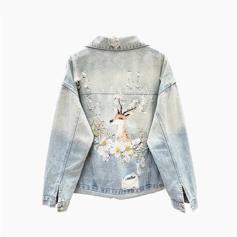 

Женская джинсовая куртка, Короткая свободная приталенная куртка из денима с вышивкой и бисером, весна-осень 2023