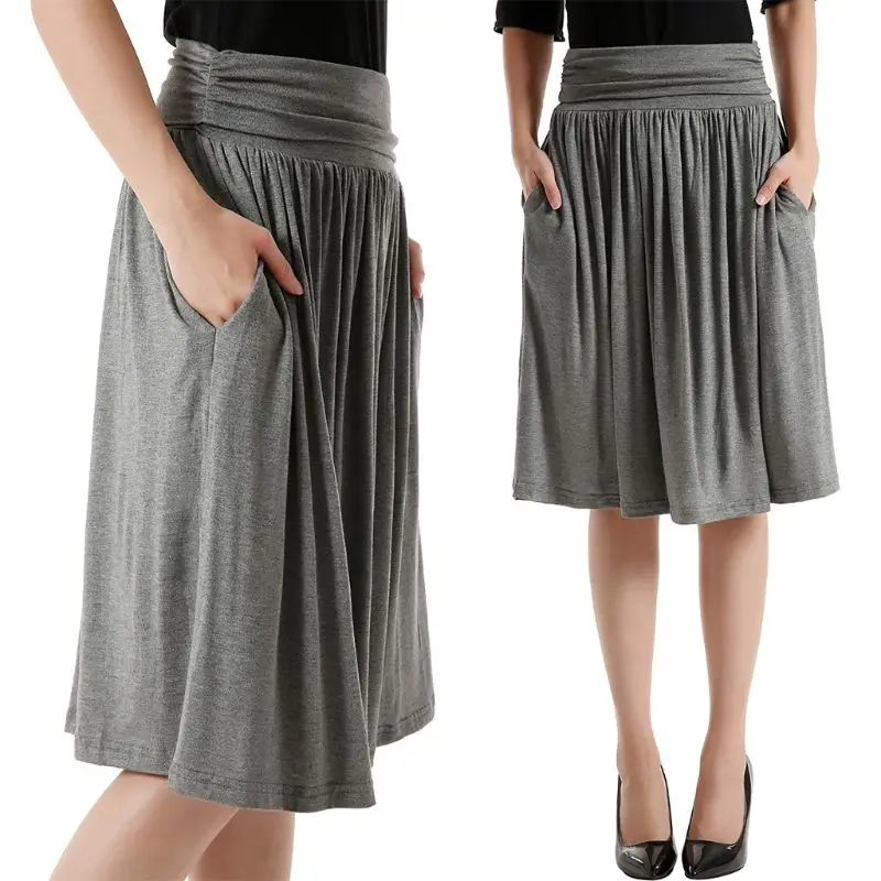 

Womens Casual Cotton Stretch Empire Waist Knee Length Pleated Flowy A-Line Solid Color Flare Skirt With Pockets Loose BX0A