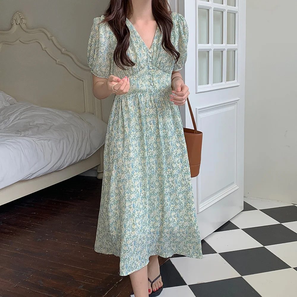 

Vintage Floral Printing Women Summer Chiffon Fashion Casual Elegant Short Sleeve Boho Beach Sundress