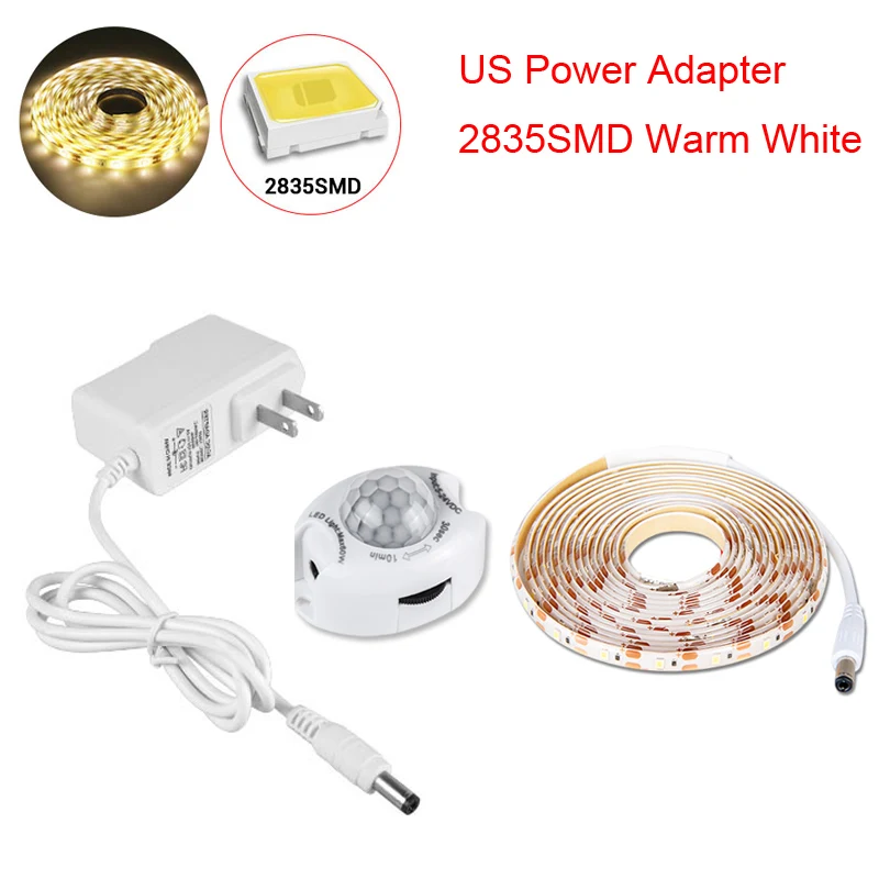 US Plug Warm White Датчик движения 2835 Светодиодная лента 12 в светодиодный IP65 Водонепроницаемый гибкий светодиодный светильник 1 м 2 м 3 м 4 м 5 М датчик автоматического включения/выключения светильник для кровати - Испускаемый цвет: US Plug Warm White