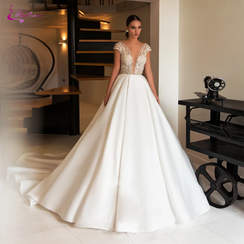Красивое свадебное платье-трапеция с бисером Элегантное Атласное искусственное