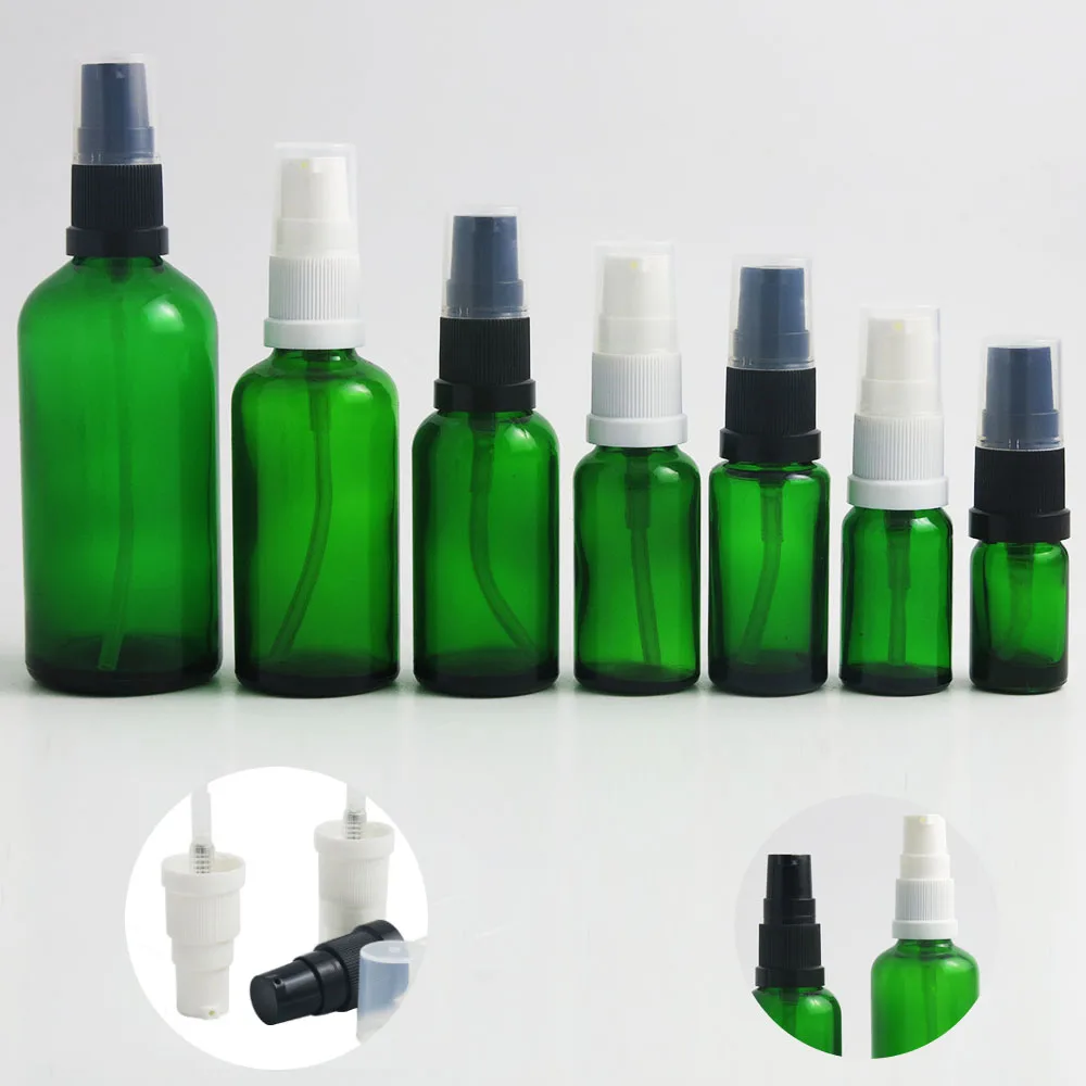 

360pcs/lot Green Glass Dispenser Bottle Skin Care Cream Shampoo Bottles With Lotion Pump 5ml 10ml 15ml 20ml 30ml 50ml 100ml