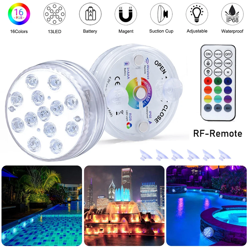 Submersible LED Pool Lights with Remote 16 Colors Timing Settings Magnetic Suction Cup IP68 Waterproof for Bathtub Pond Lights