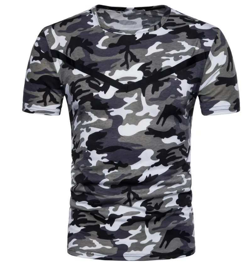 

Men's Spring and Summer New European and American Military Style Camouflage Print Stripe Stitching Short-Sleeved T-Shirt Men