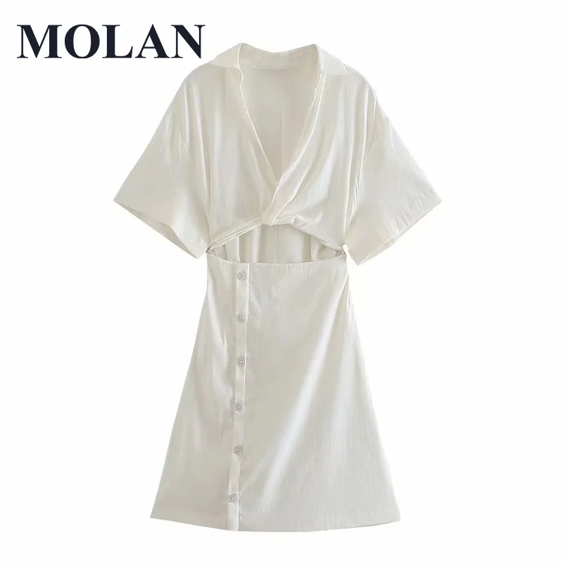 

Vintage Solid White Dress 2021 New Short Sleeve Cut Out Chic Side Zip False Button Up Female Fashion Stright Fit Party Dress