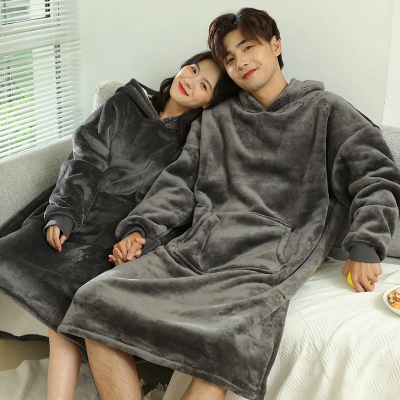 

Зимняя фланелевая одежда для сна для пар, домашняя одежда, плотная ночная рубашка с капюшоном, халат, свободная повседневная одежда для сна, ...