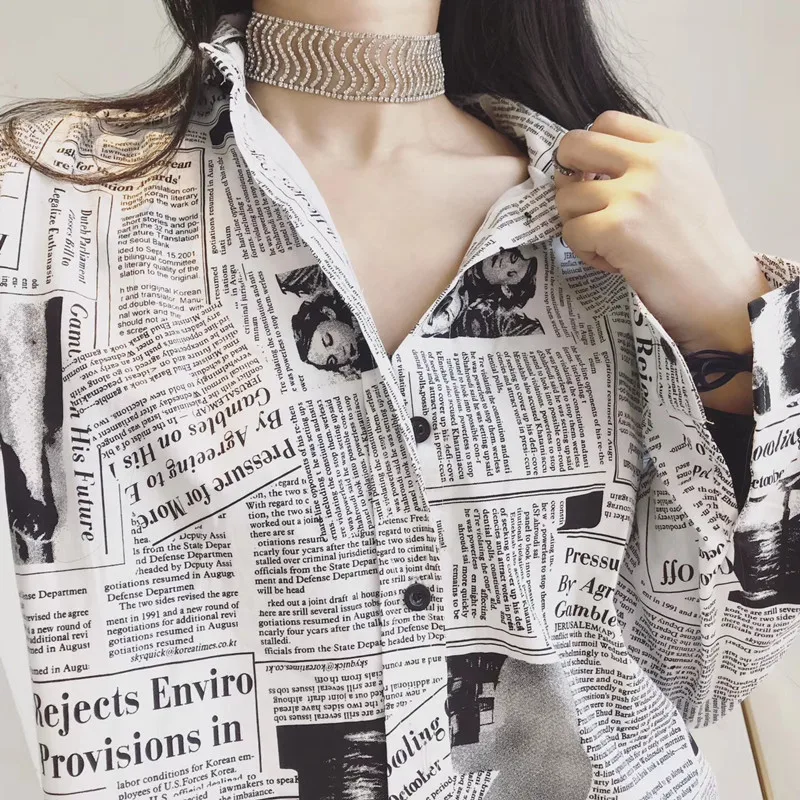 Long Sleeve Shirt Womens Tops and Blouses Black White Letter Newspaper Print Loose Casual korean Fashion Clothing |