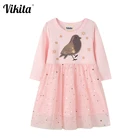 VIKITAДетское платье с аппликацией в виде животных; Детское Сетчатое фатиновое платье с длинными рукавами для девочек; Осенние платья в стиле пэчворк для девочек; Детская одежда