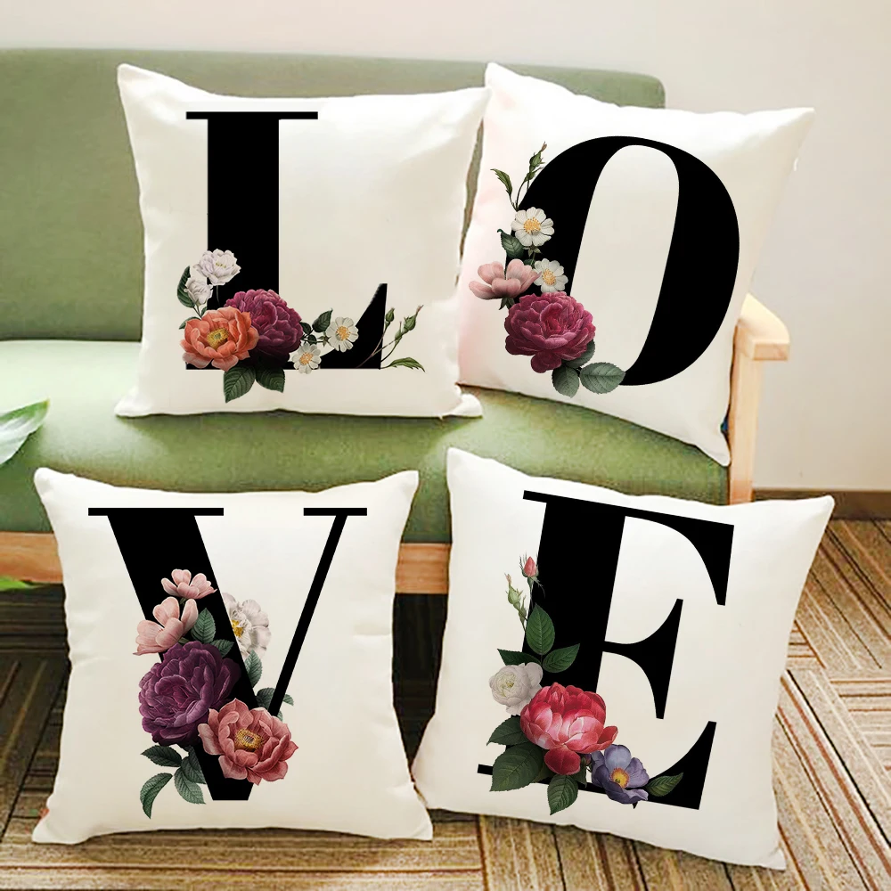 English Alphabet A-Z Flowers Print Pillowcase Home Decor Cushion Cover Living Room Sofa Bed Party Decorative Pillowcover Cojines