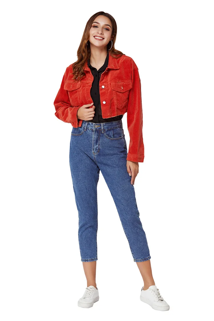 

Bomber Red Outwear Fashion Coat Vintage Autumn Women Lady Denim Female Basic Cropped Top Jacket