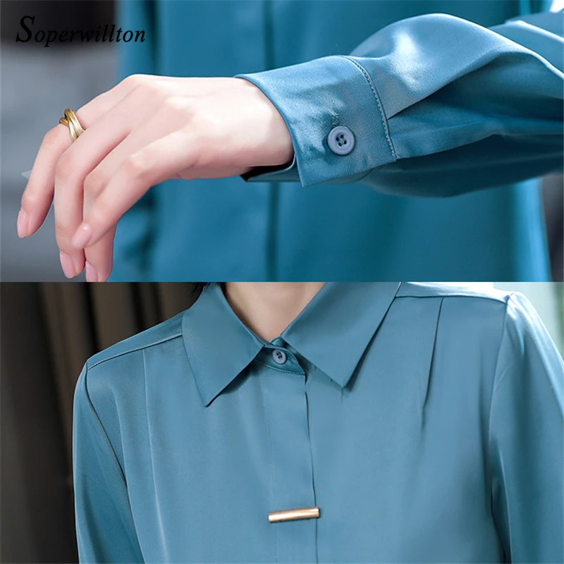 Блузка Женская атласная с длинным рукавом элегантный топ винтажная блузка