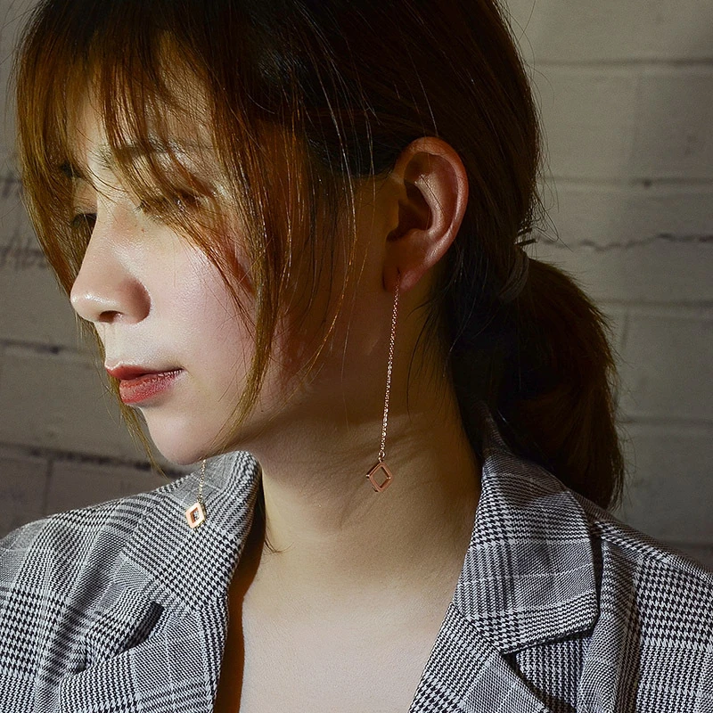 

Simple Long Tassel Stud Earrings For Women Girls Party Bridal Jewelry Fashion Gold Color Stainless Steel Rhombus Ear Line