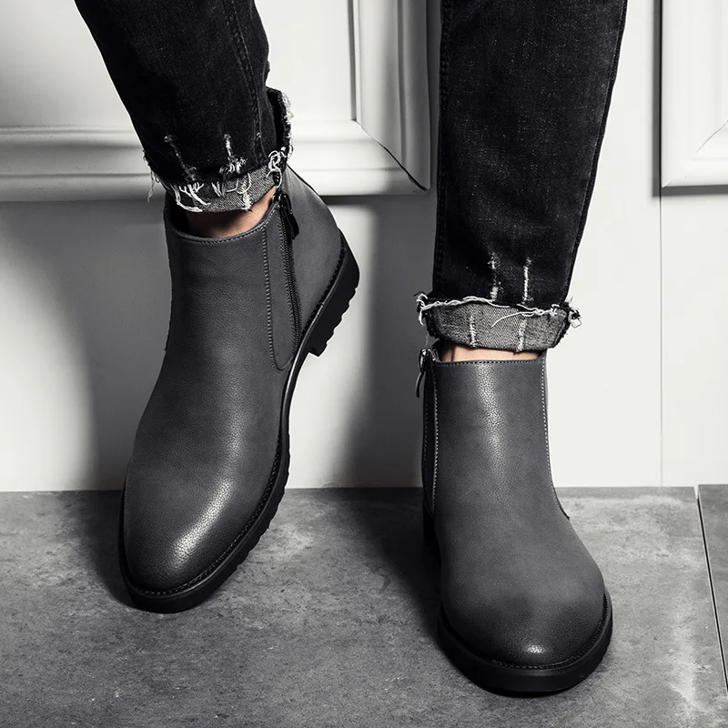 Botas de Couro Moda Fina Simples Zíper Masculino Cinza Preto Marrom Tamanho Grande 38-45 Estilo Britânico Apontou Toe Chelsea Botas Sr. co