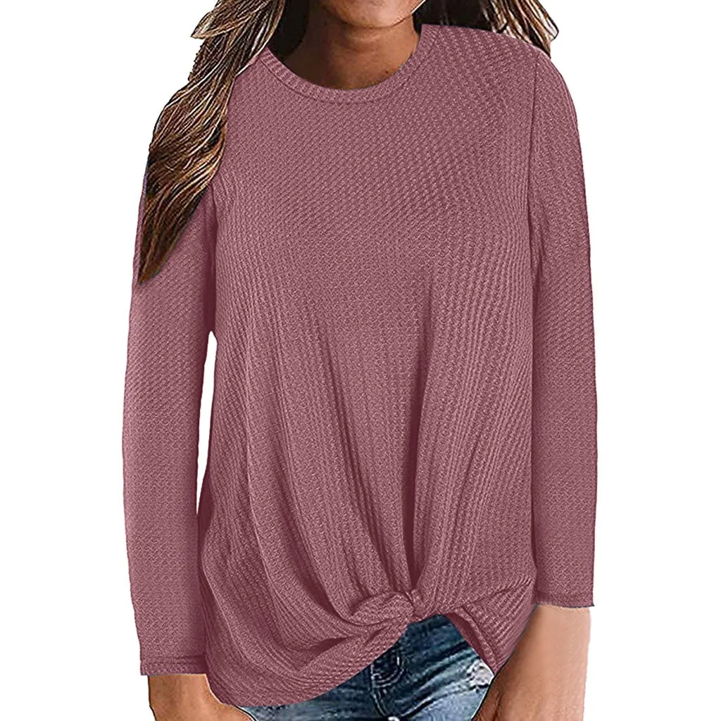 

New Womens Casual Long Sleeve 2019 Fall T Shirt Knot Waffle Knit Tunic Blouse Cute Shirts Tops Loose Sweater Irregular Tops S-L2
