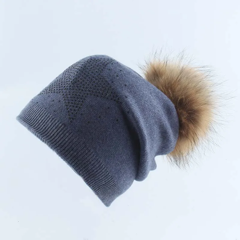 2019 зимняя женская шапка с натуральным мехом помпонами теплая шерстяная вязаная