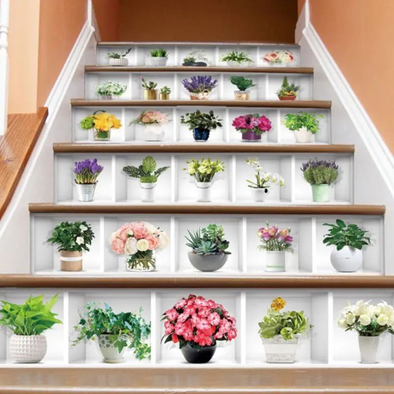 

6pcs/set 3D Potted Plant Staircase Stair Riser Floor Sticker Self Adhesive DIY Stairway Waterproof PVC Wall Decal
