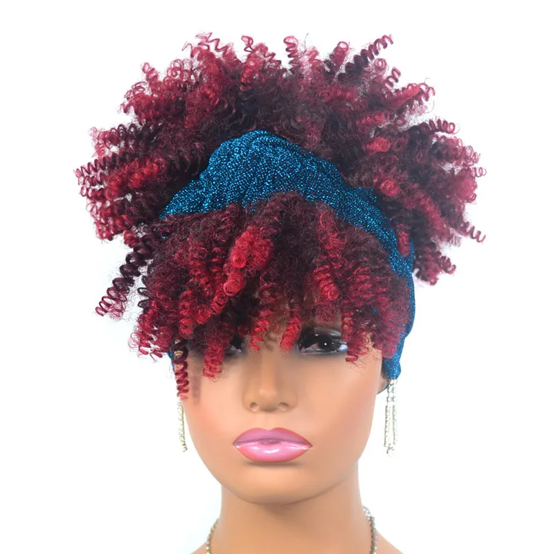 

Afro Curly Synthetic Wig Short Fluffy African American Hair Dark Root Ombre Headband Wigs Daily Use