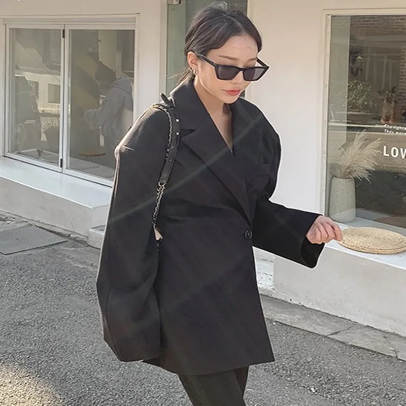 Женский винтажный пиджак LANMREM однотонный свободного кроя с воротником и длинными