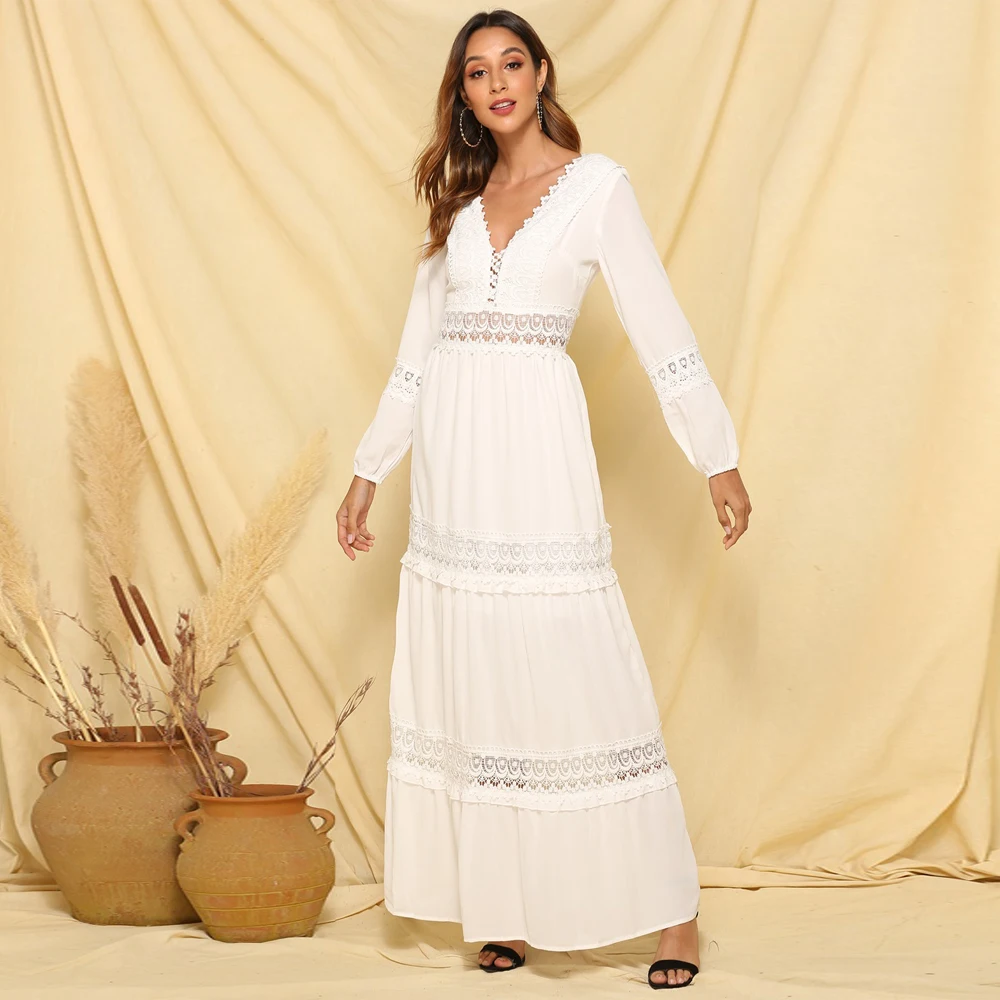

New Ladies Dresses Lace Openwork Long-Sleeved Large Swing Chiffon Dress Sexy V-Neck Large Backless White Bohemian Holiday Dress