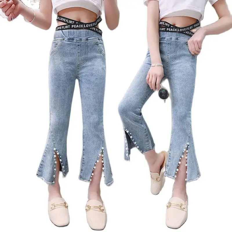 

Split Beading Flare Jeans For Big Girls Fashion Irregulare Elastic Slim Denim Pants Toddler Kids Clothing Teen Trousers 12 13 14