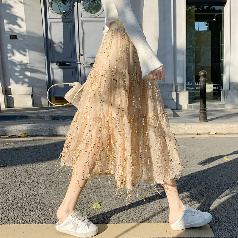 

Fresh Women Tassel Mesh Fashion Elegance A-line Skirts High Waist Tulle Heavy Industry Wheat Ear Sequin Female Midi Long Skirt