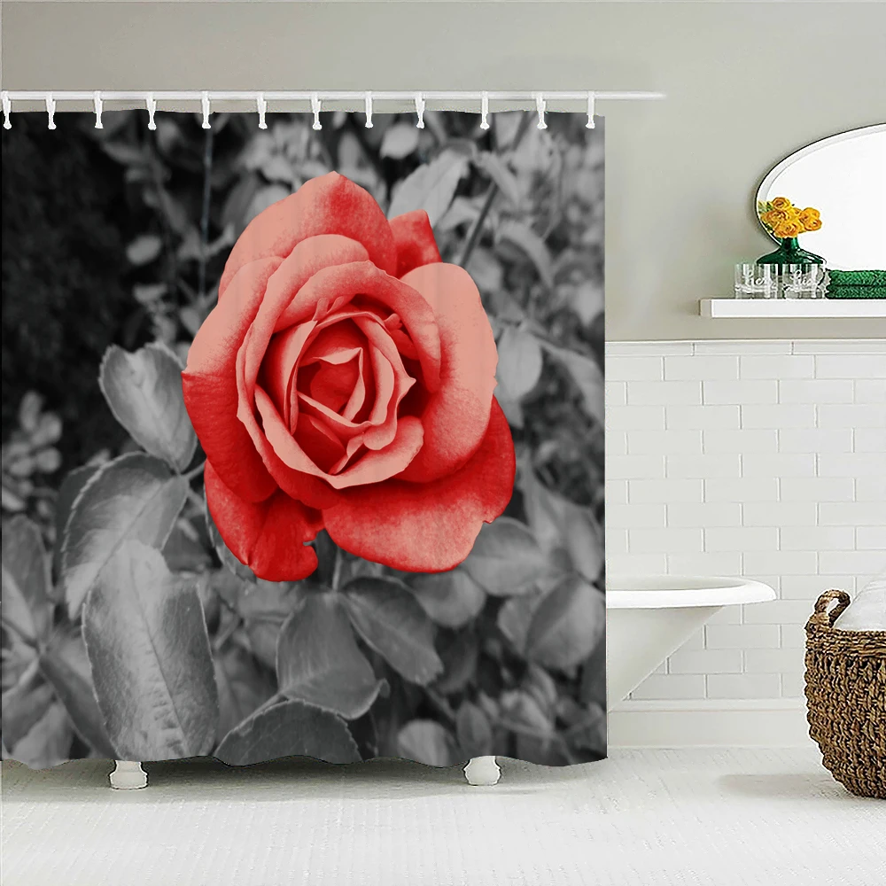 

Red Rose Bath Curtain Waterproof Shower Curtains Polyester Flowers Romance Love Bath Screen Curtain for Bathroom Christmas Gift