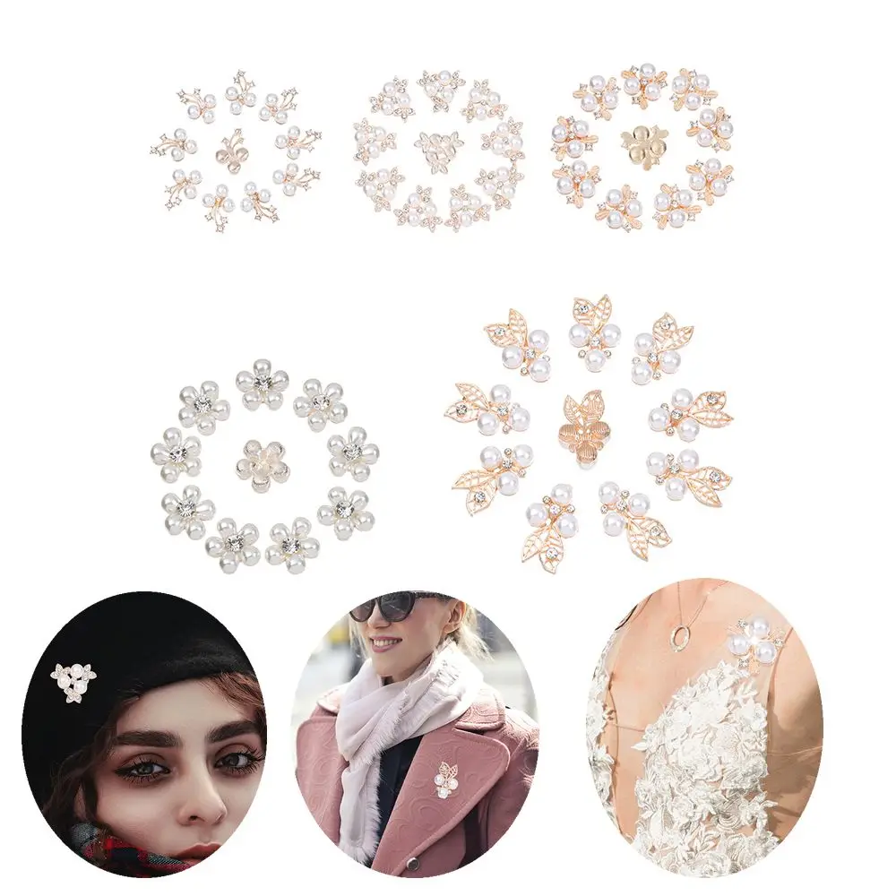

10PCS Apparel Sewing Sparkling Crystal Flower-shaped Headwear Clip Rhinestone Buttons Pearl Hairpins Pearl Button