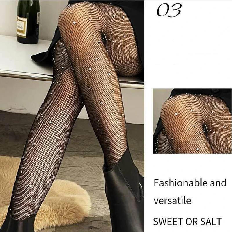 

2021Newest! Sexy Shining Diamonds Women Fishnet Stockings Nightclub Disco Dancing Black Sheer Lace High Stretch Trendy Socks