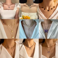 huatang 2021 new aesthetic butterfly pendant necklace for women punk cuban clavicle chain choker female jewelry on the neck